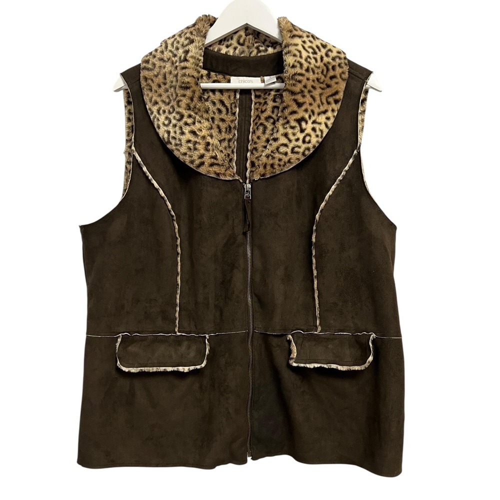 Chicos Vest Womens 3 XL Brown Faux Suede Leopard Print Collar Pockets Zip‎ Front